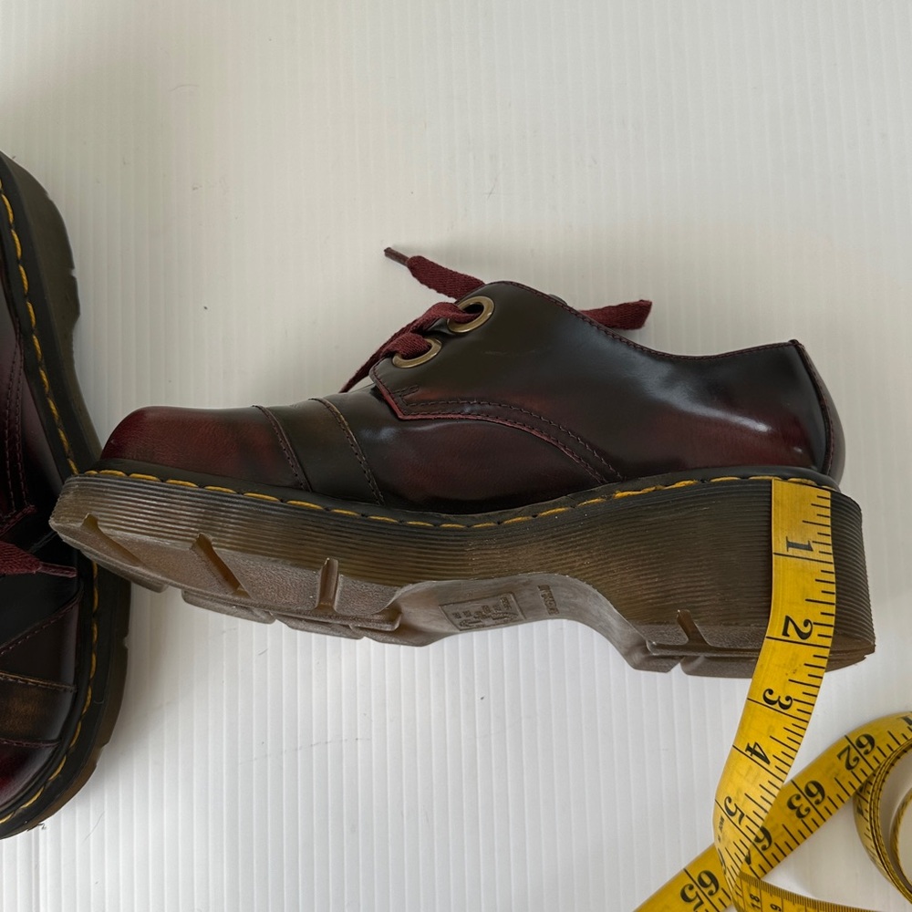 Dr. Martens Burgundy Red Platform Shoes with Yellow Stitching - Picture 15 of 15